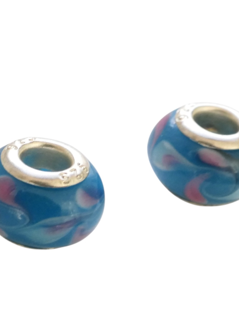 Sterling Blue Glass European Charm Bead with Pink Swirls